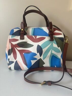 Fossil - Multicolor Leaf-Print Dome Satchel Bag - Brown Trim